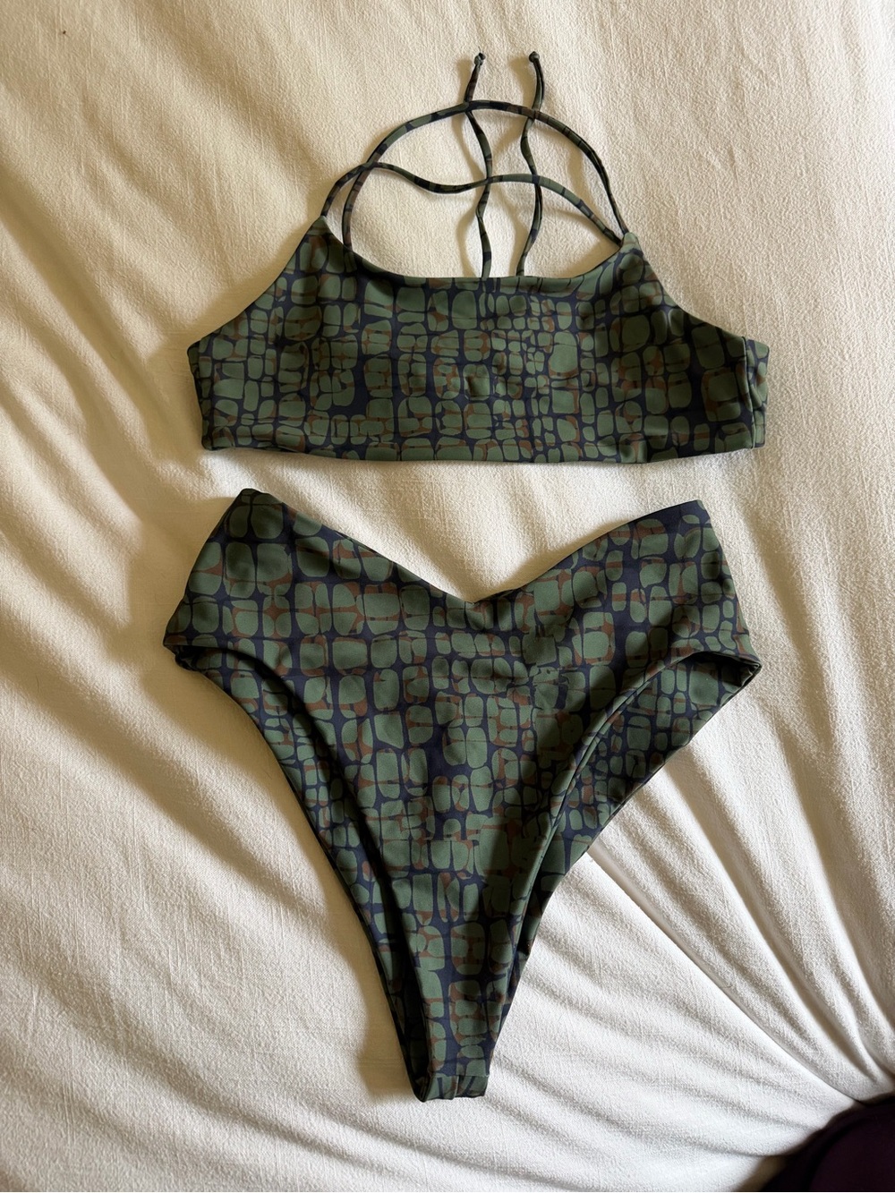 Olive Green Patterned High-Waist Bikini Set - Women Swim